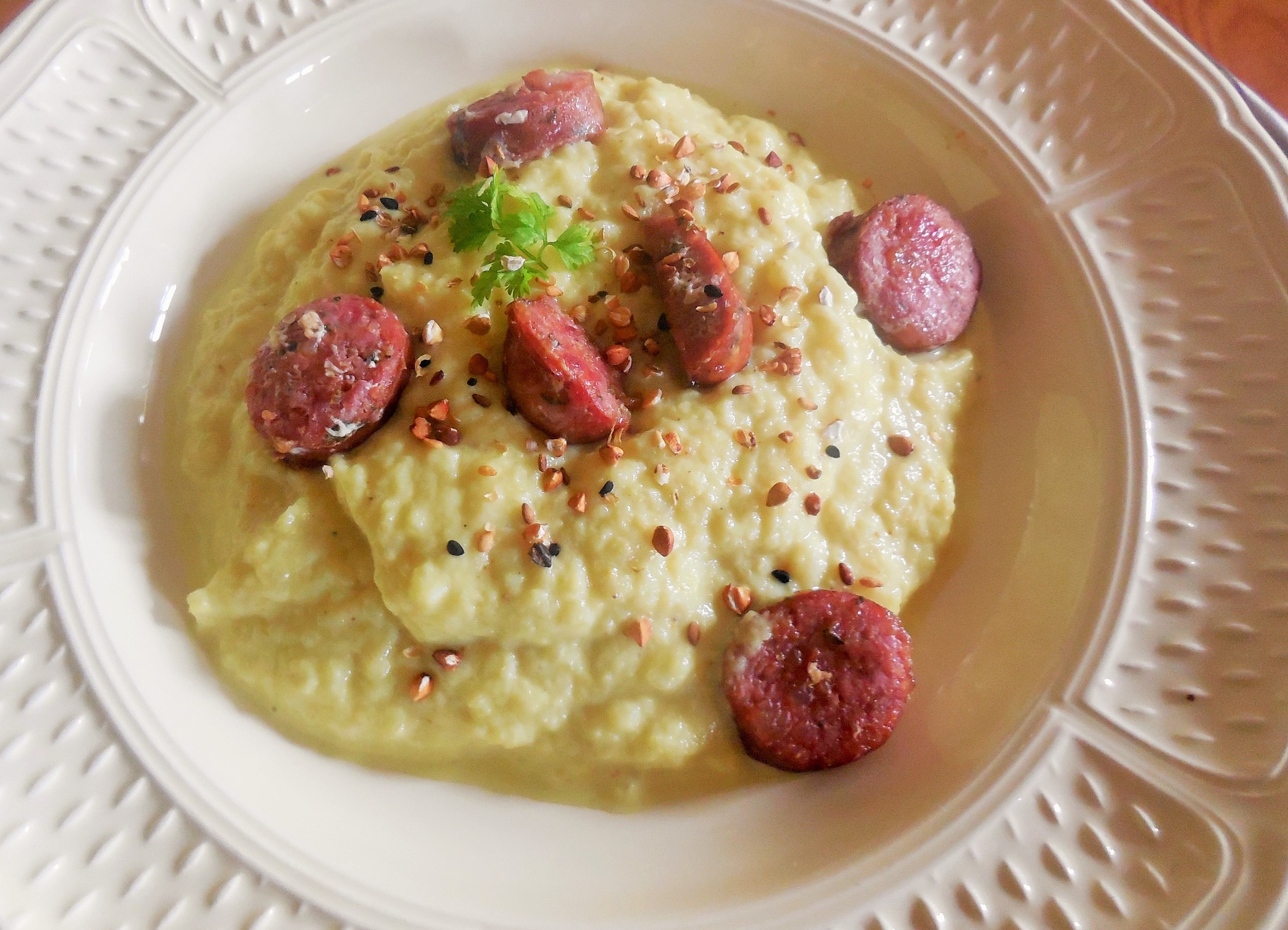 Purée de chou-fleur, saucisse de&nbsp;Molène