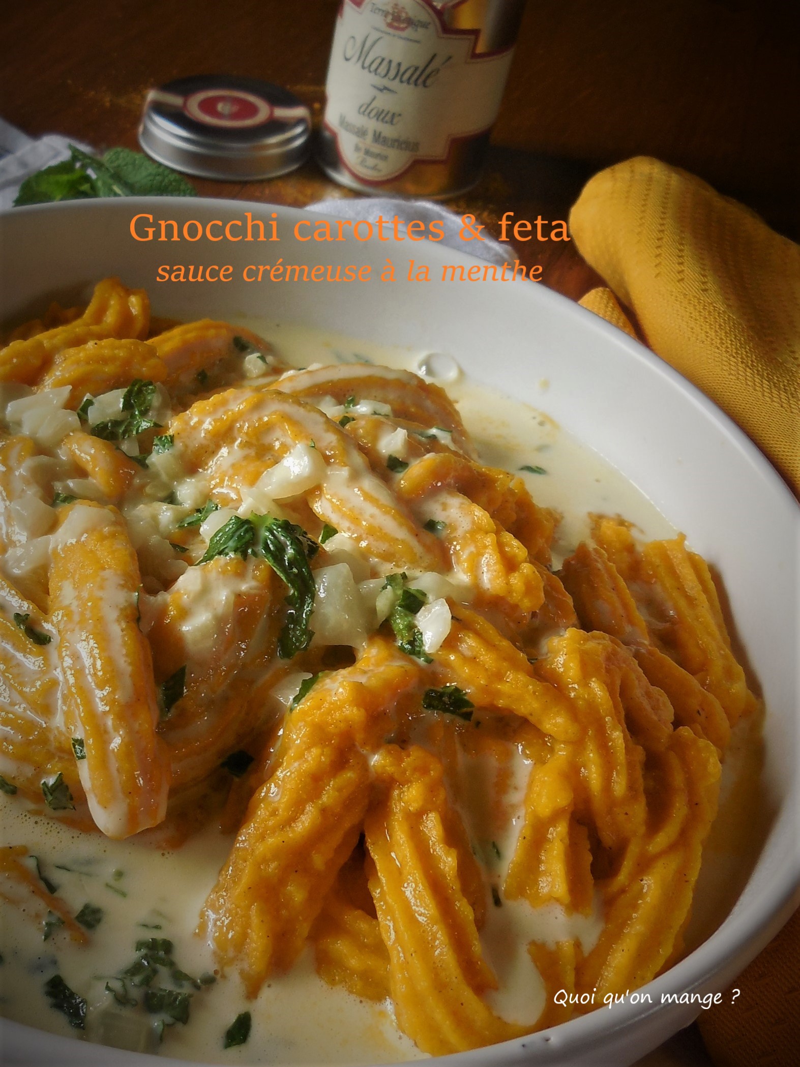 Gnocchi carottes & feta, sauce crémeuse à la menthe