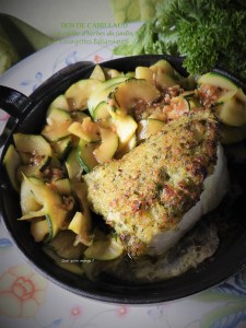 Dos de cabillaud en croûte d&rsquo;herbes du jardin, courgettes&nbsp;balsamiques