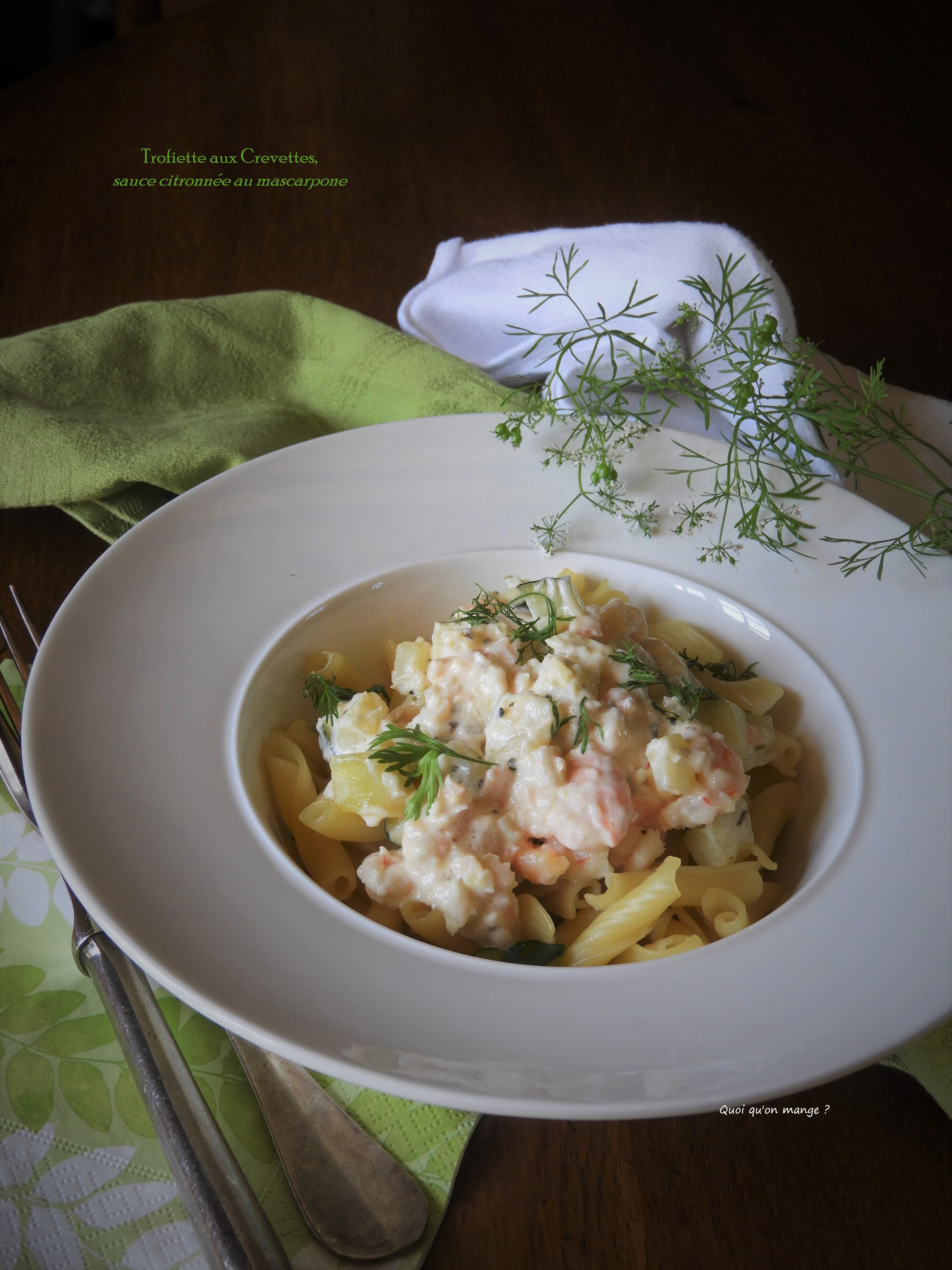 Trofiette aux crevettes, sauce citronnée au mascarpone