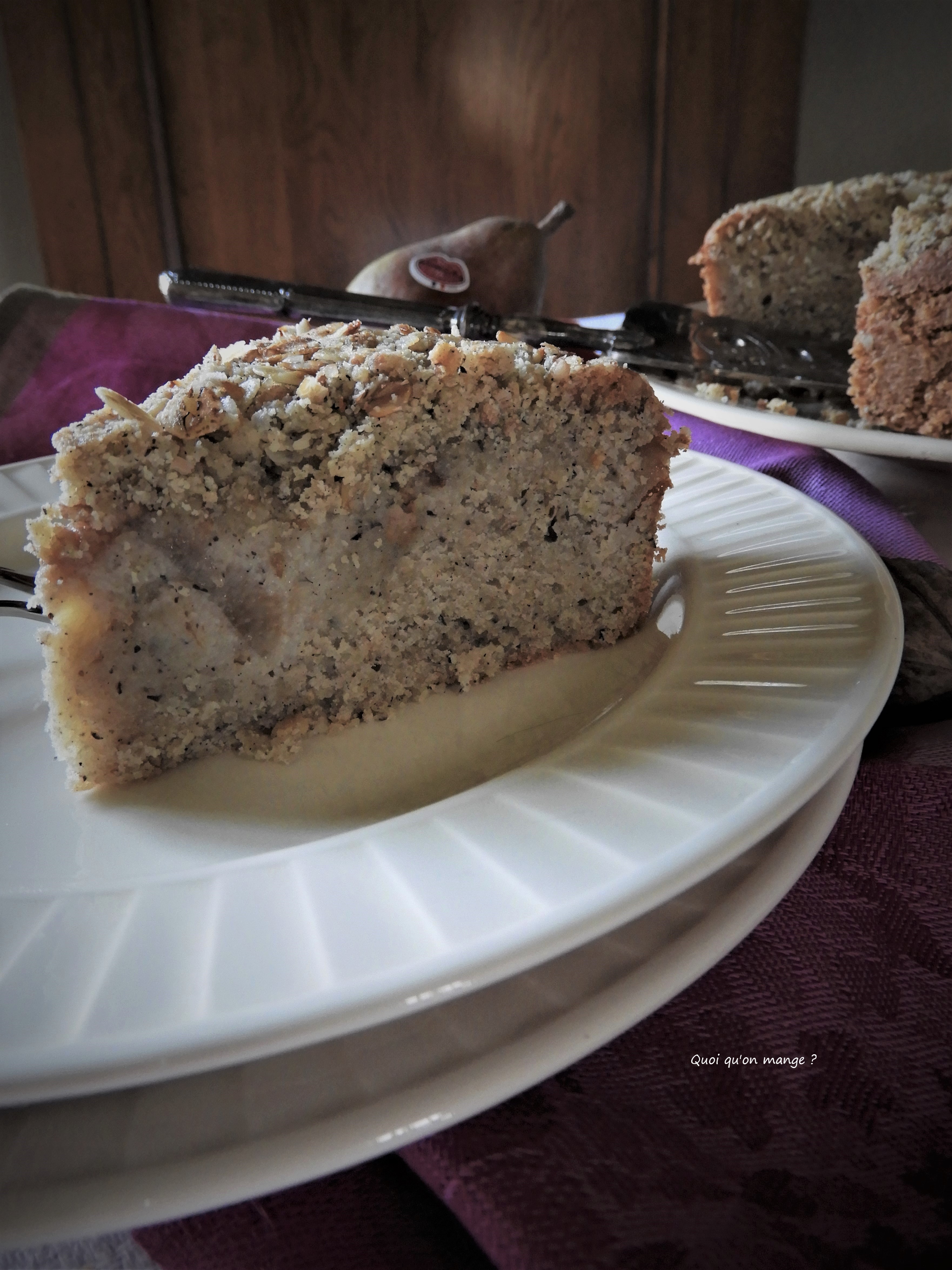 Financier poires et noix, crumble de flocons d'avoine