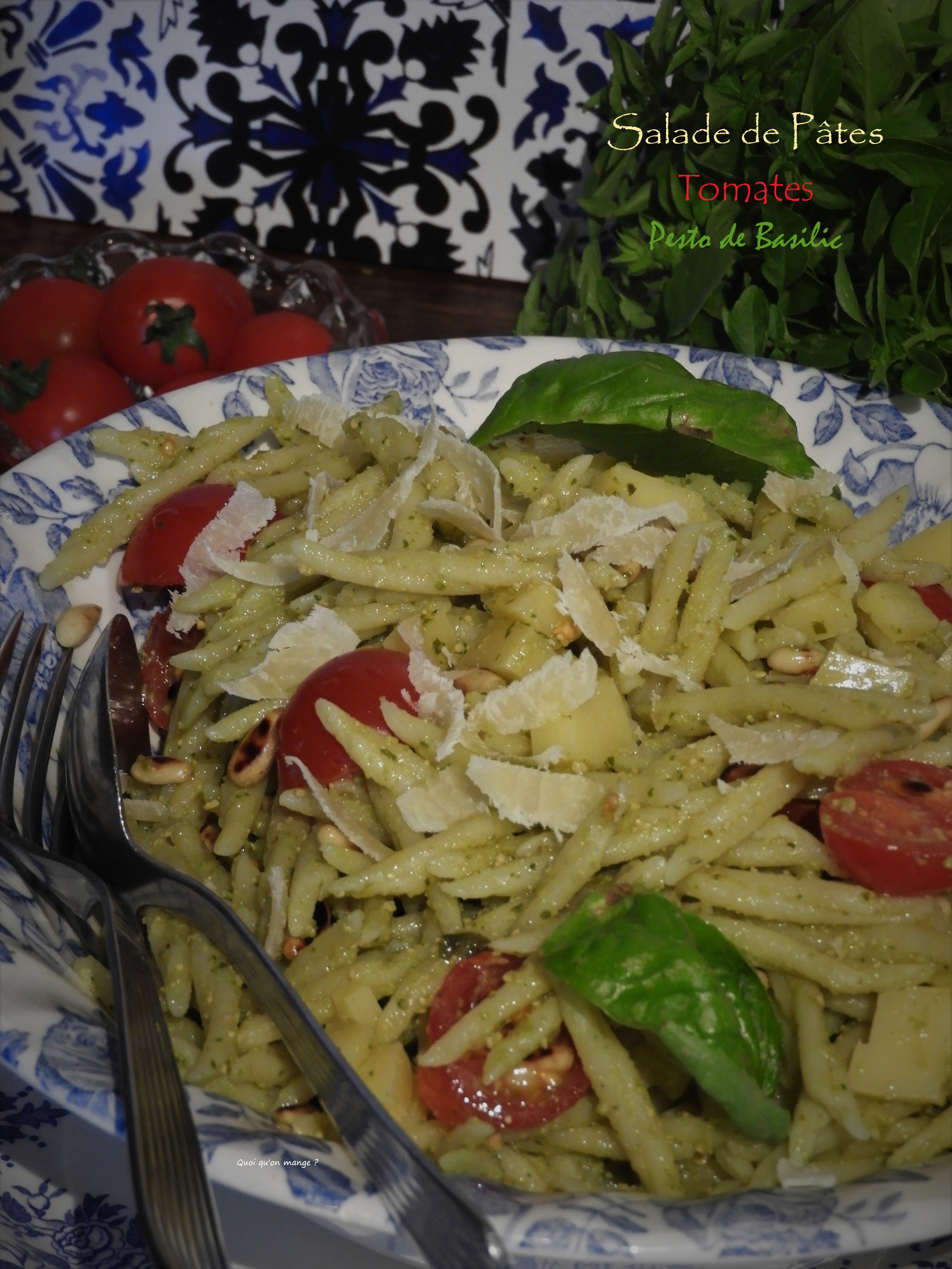 Salade de pâtes aux pesto de basilic, tomates et emmental