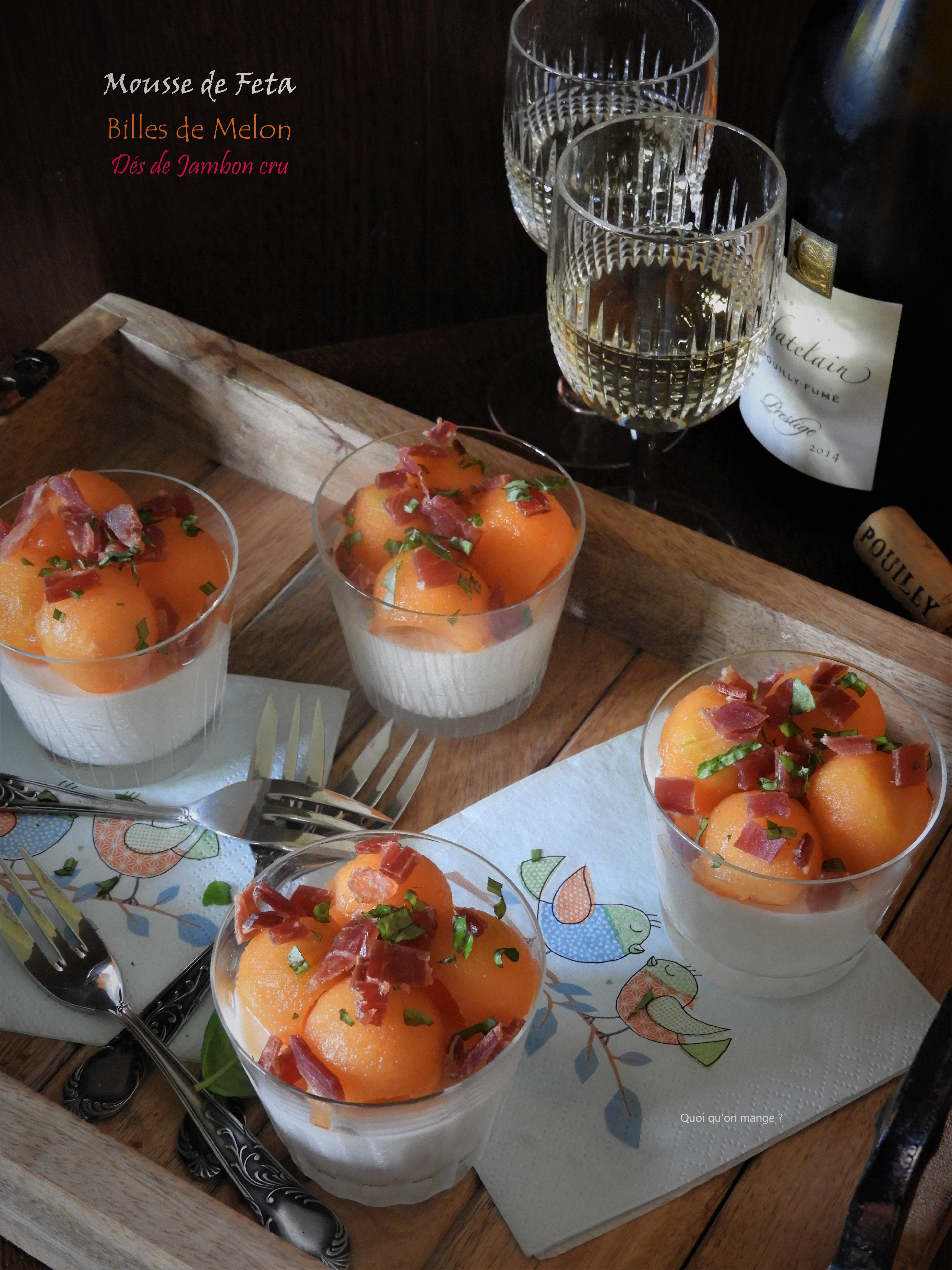 Mousse de feta, billes de melon et dés de jambon&nbsp;cru