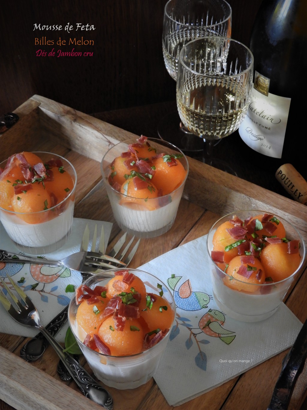 Mousse de feta, billes de melon et dés de jambon&nbsp;cru