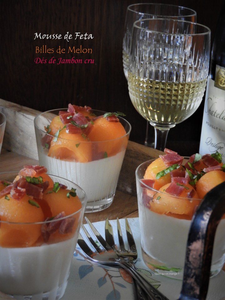 Mousse de feta, billes de melon & dés de jambon cru