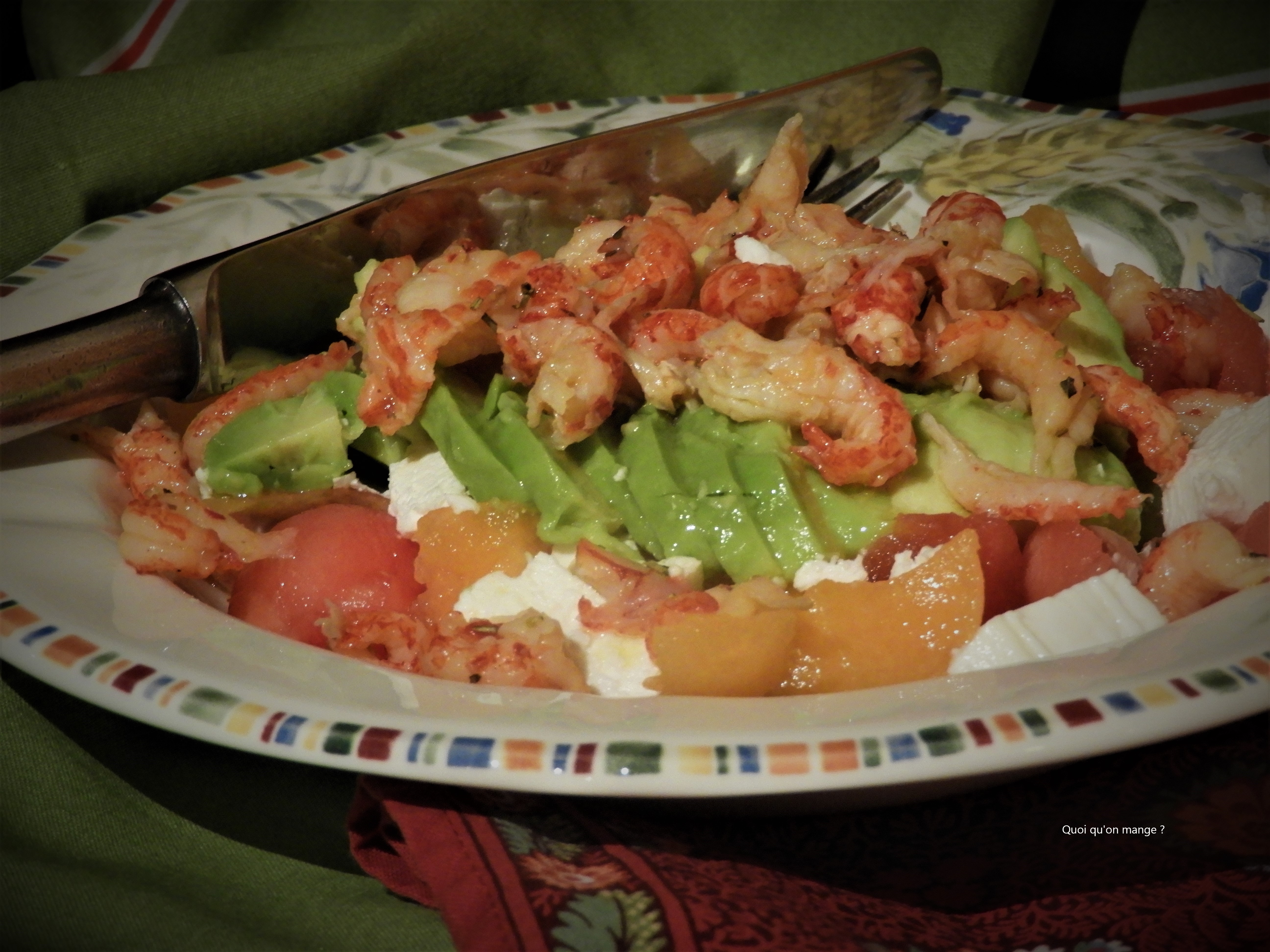 Salade de melons, avocat, écrevisses & feta