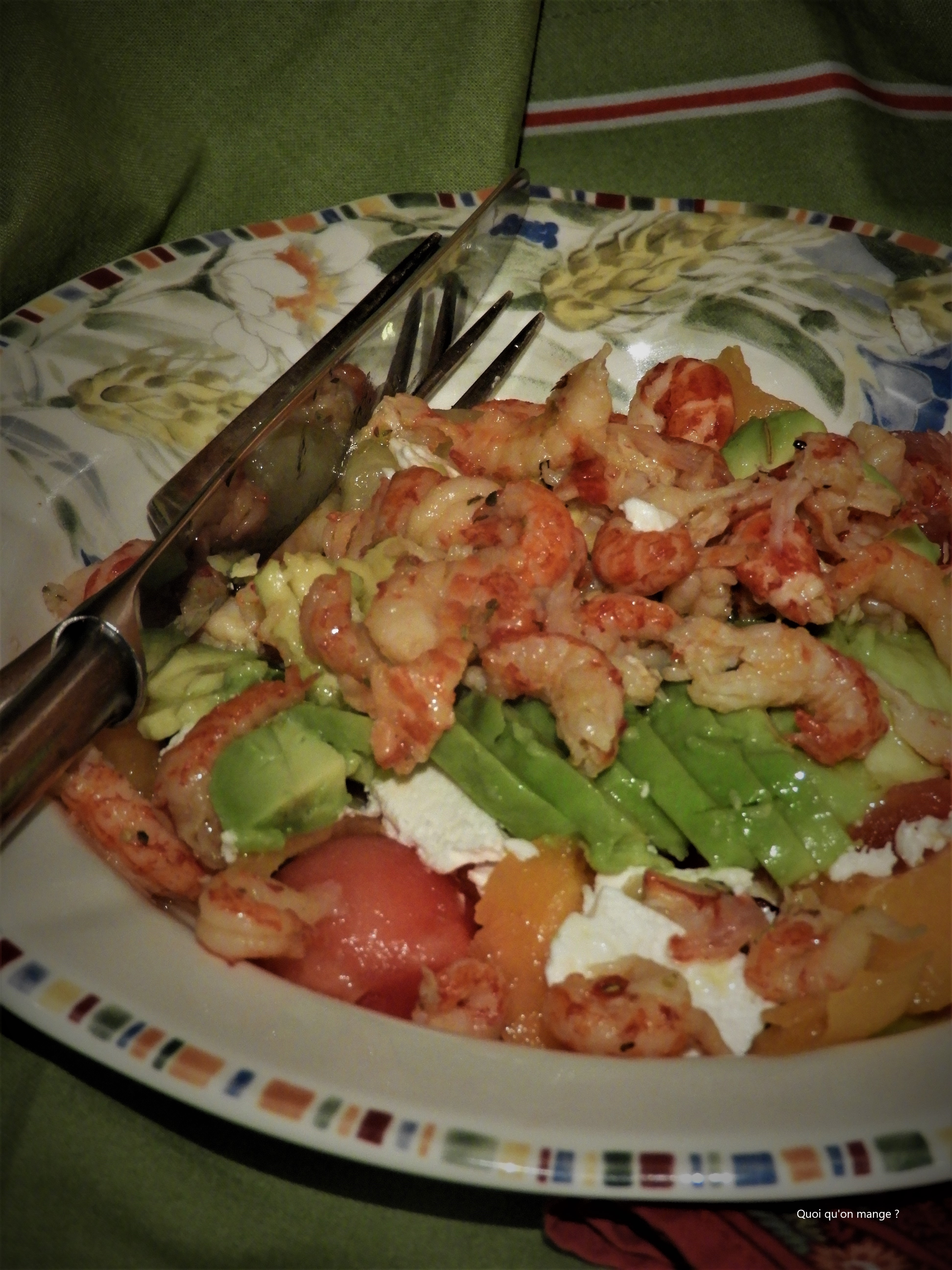 Salade de melons, avocat, écrevisses & feta