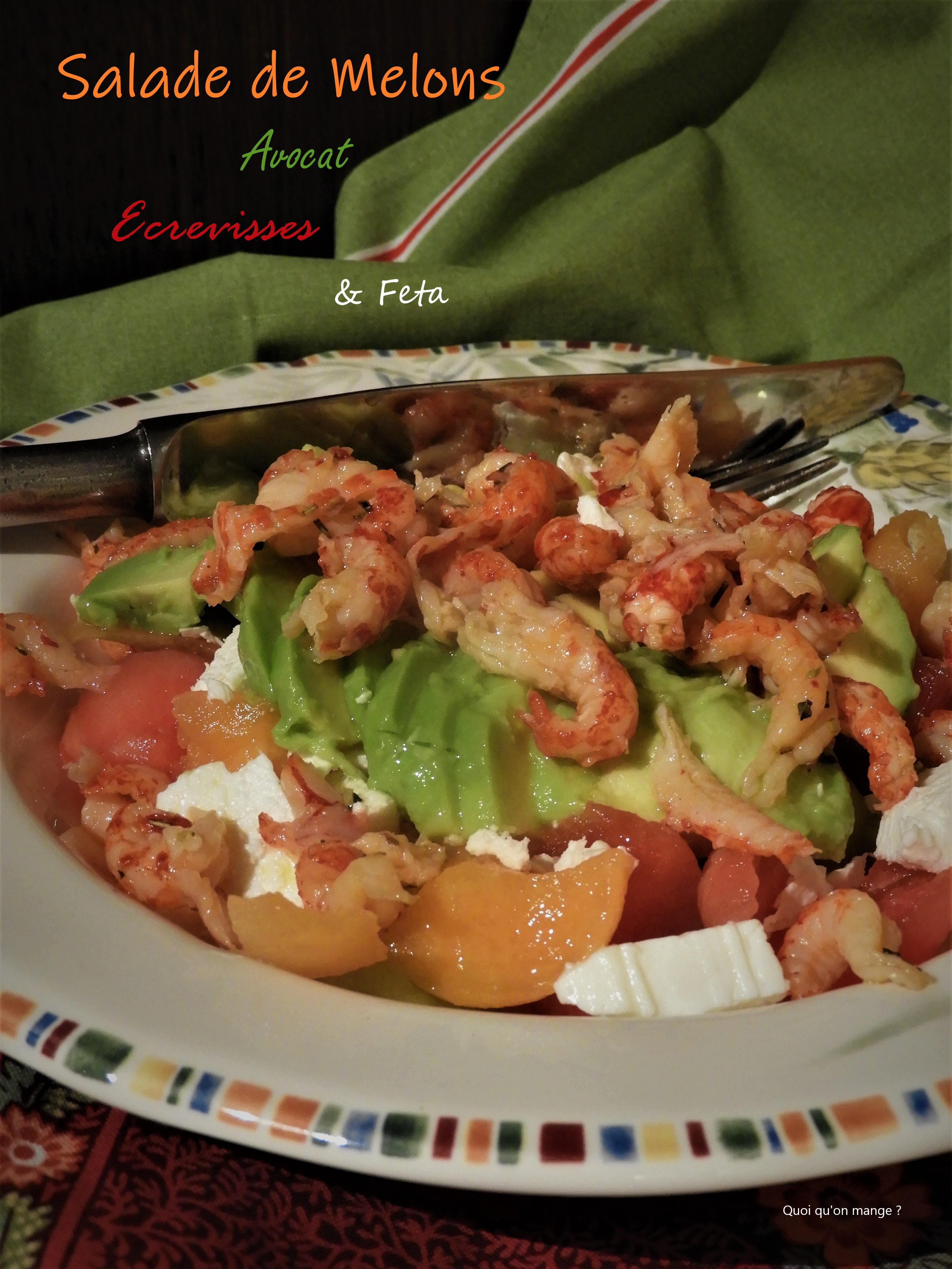 Salade de melons, avocat, écrevisses et&nbsp;feta