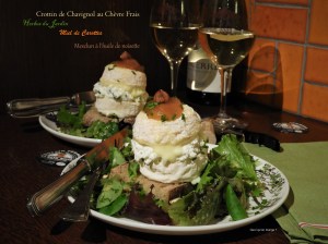 Crottin de Chavignol au chèvre frais, fines herbes du jardin et miel de carotte, mesclun à l&rsquo;huile de&nbsp;noisette