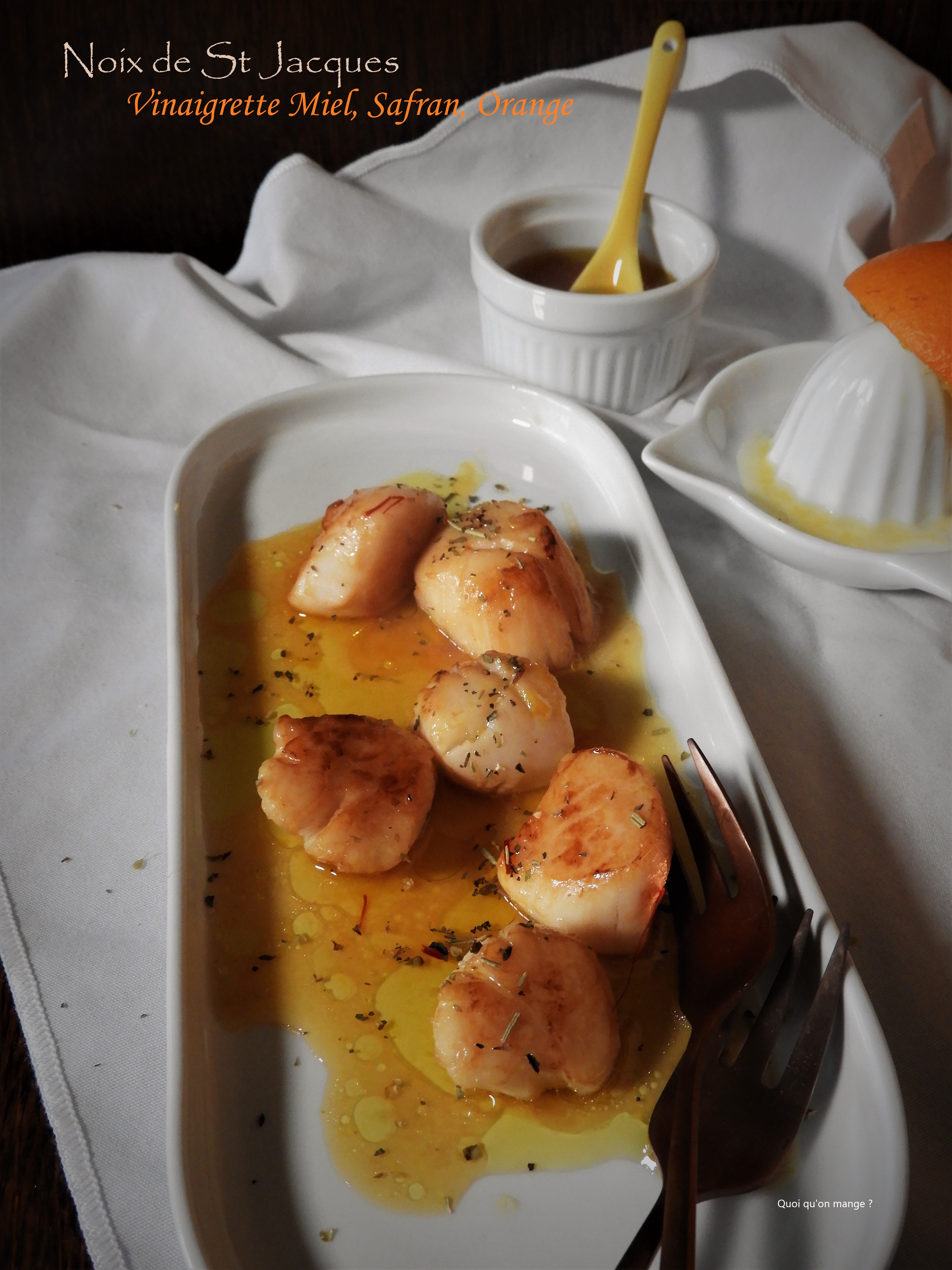 Noix de Saint Jacques, Vinaigrette au miel, safran et orange