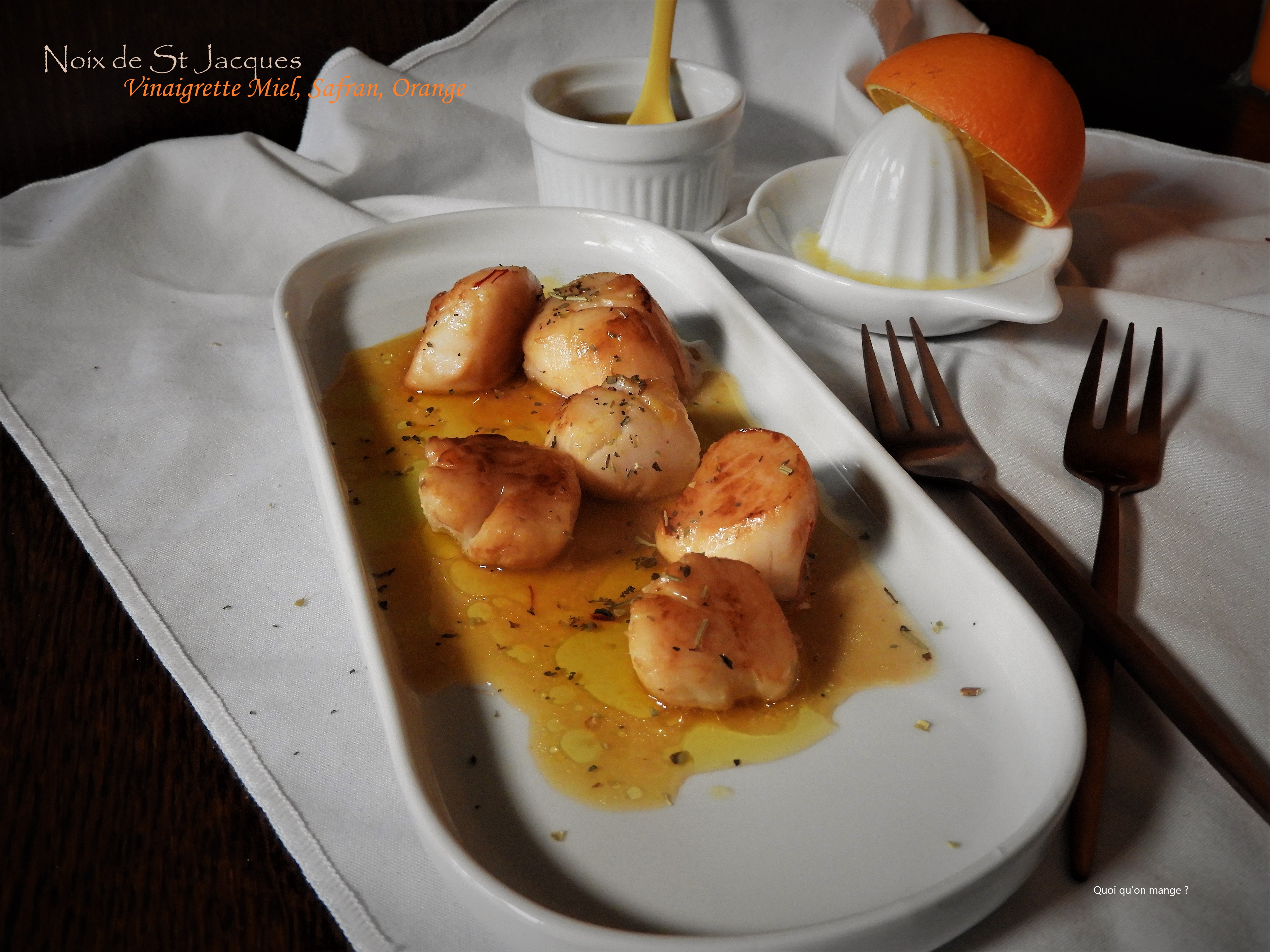 Noix de Saint Jacques, Vinaigrette au miel, safran et orange