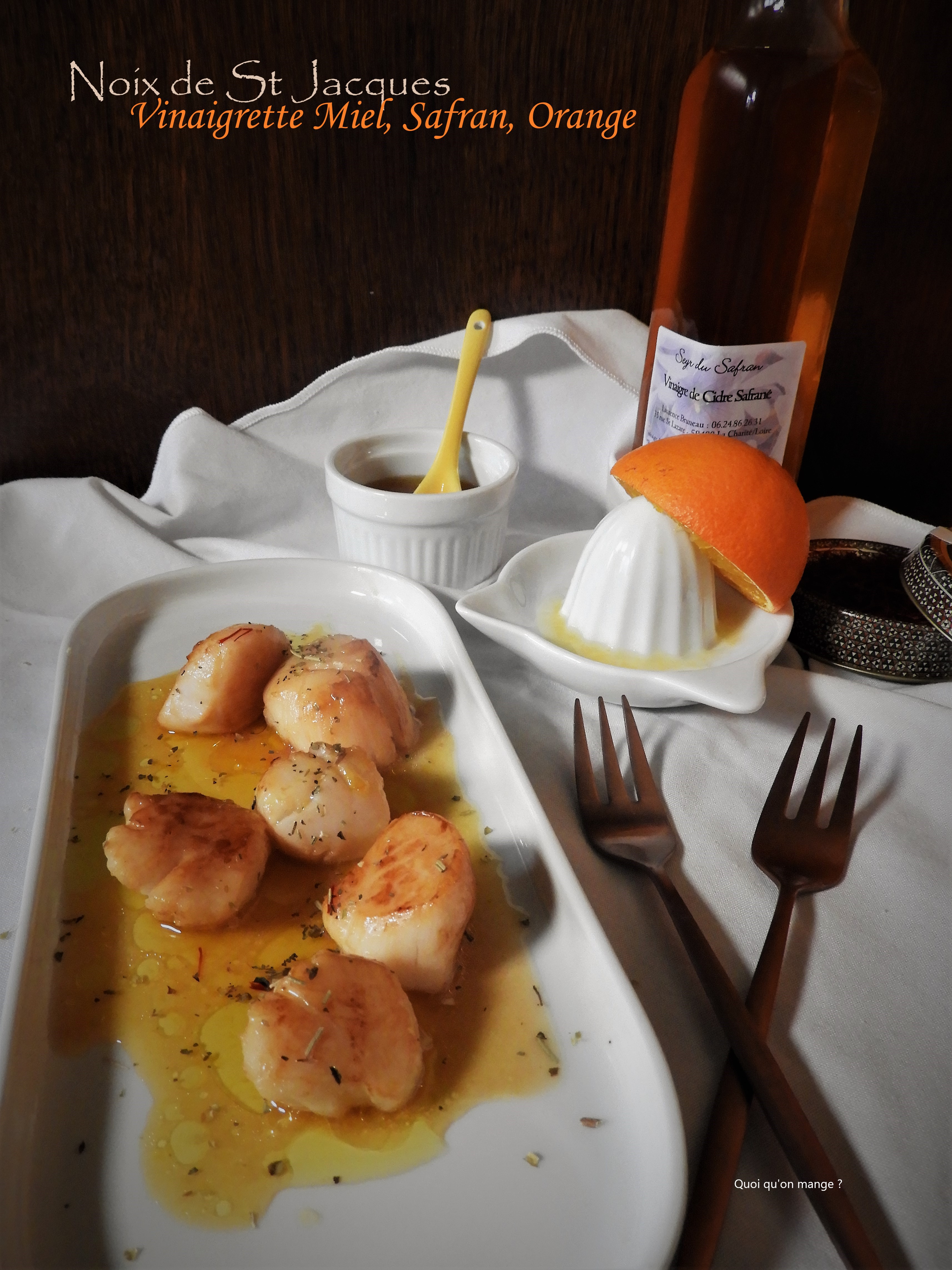 Noix de Saint Jacques, Vinaigrette au miel, safran et orange