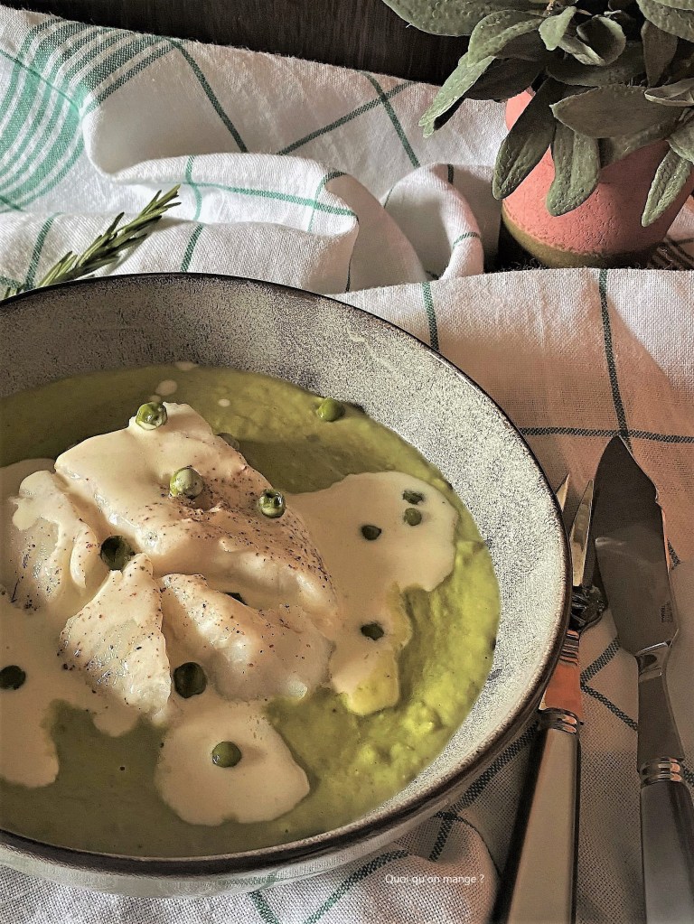 Cabillaud sauce citronnée, crème de petits pois