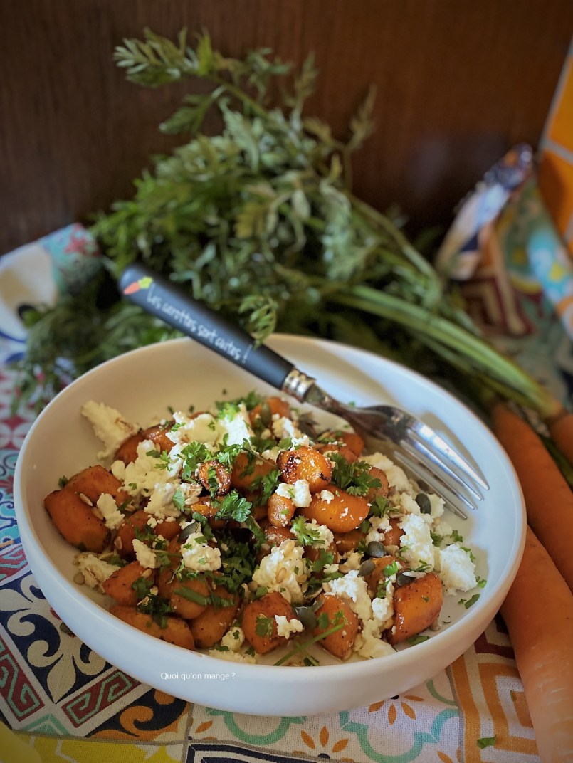 Carottes au cumin, fromage de chèvre, sauce miel et citron