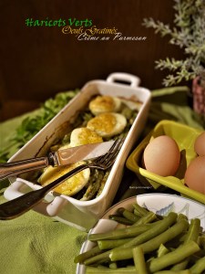 Haricots verts et œufs gratinés, sauce crémeuse au&nbsp;parmesan