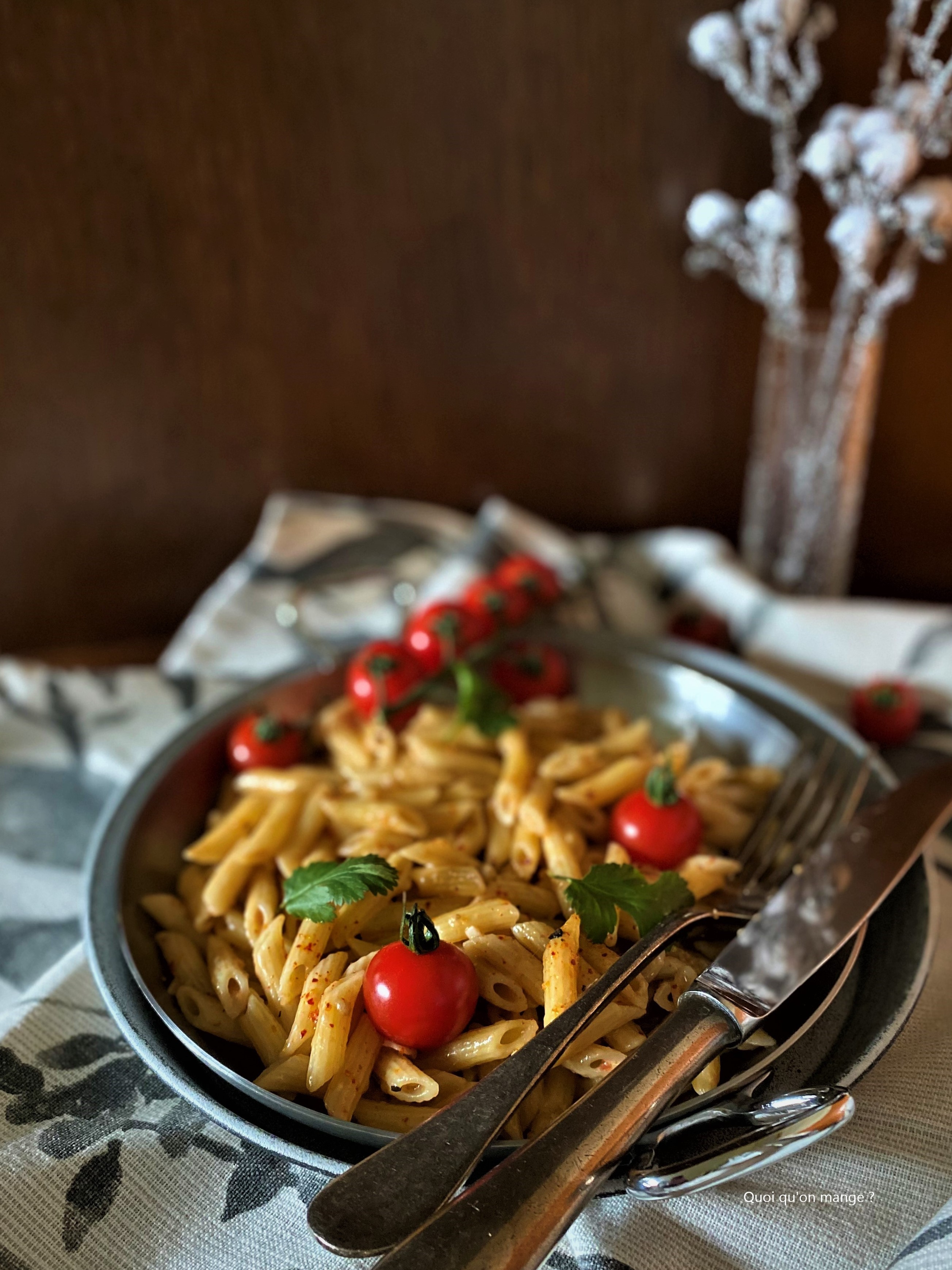Penne à l'ail, épices, tomates et mozzarella