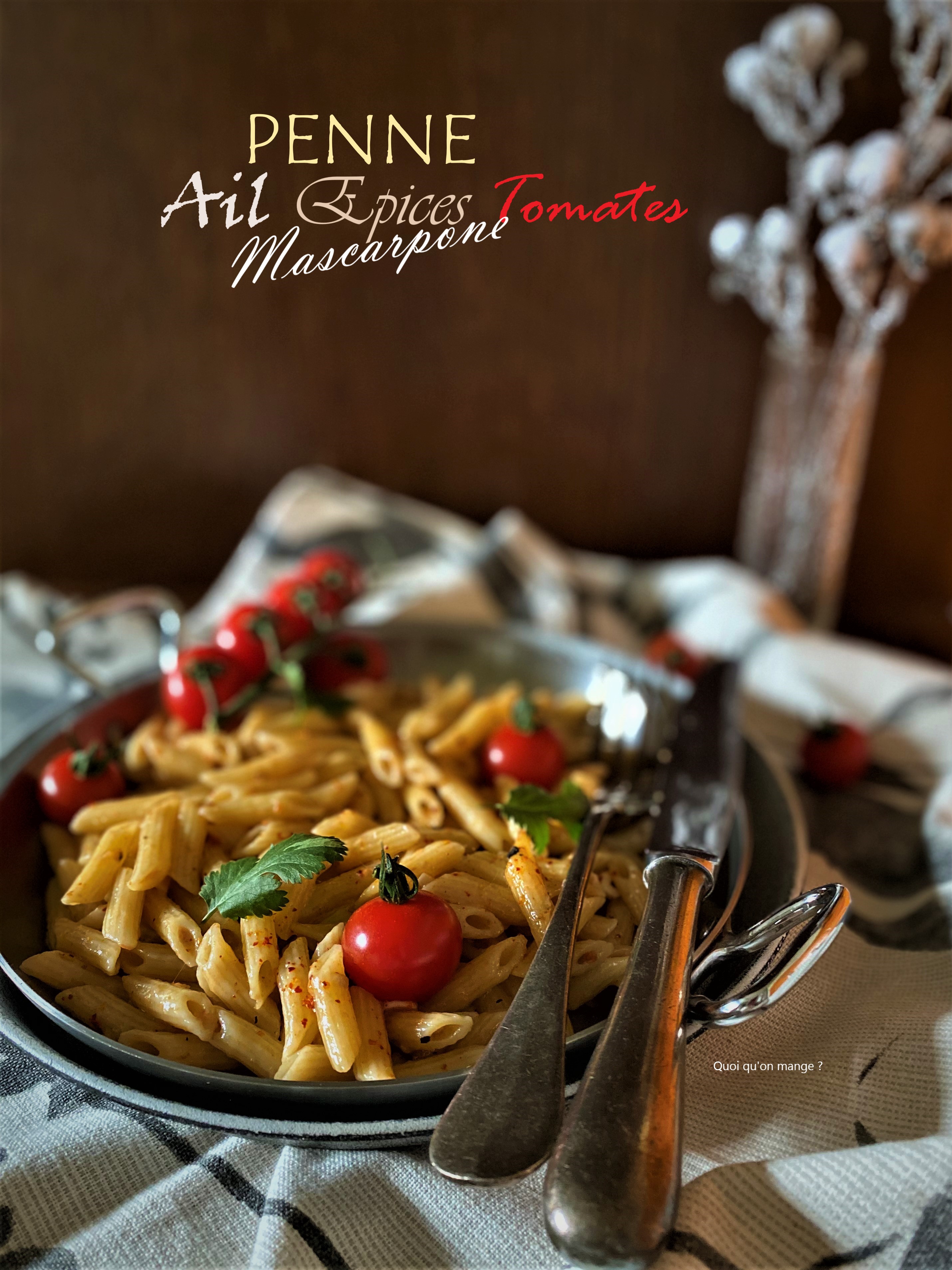 Penne à l'ail, épices, tomates et mozzarella