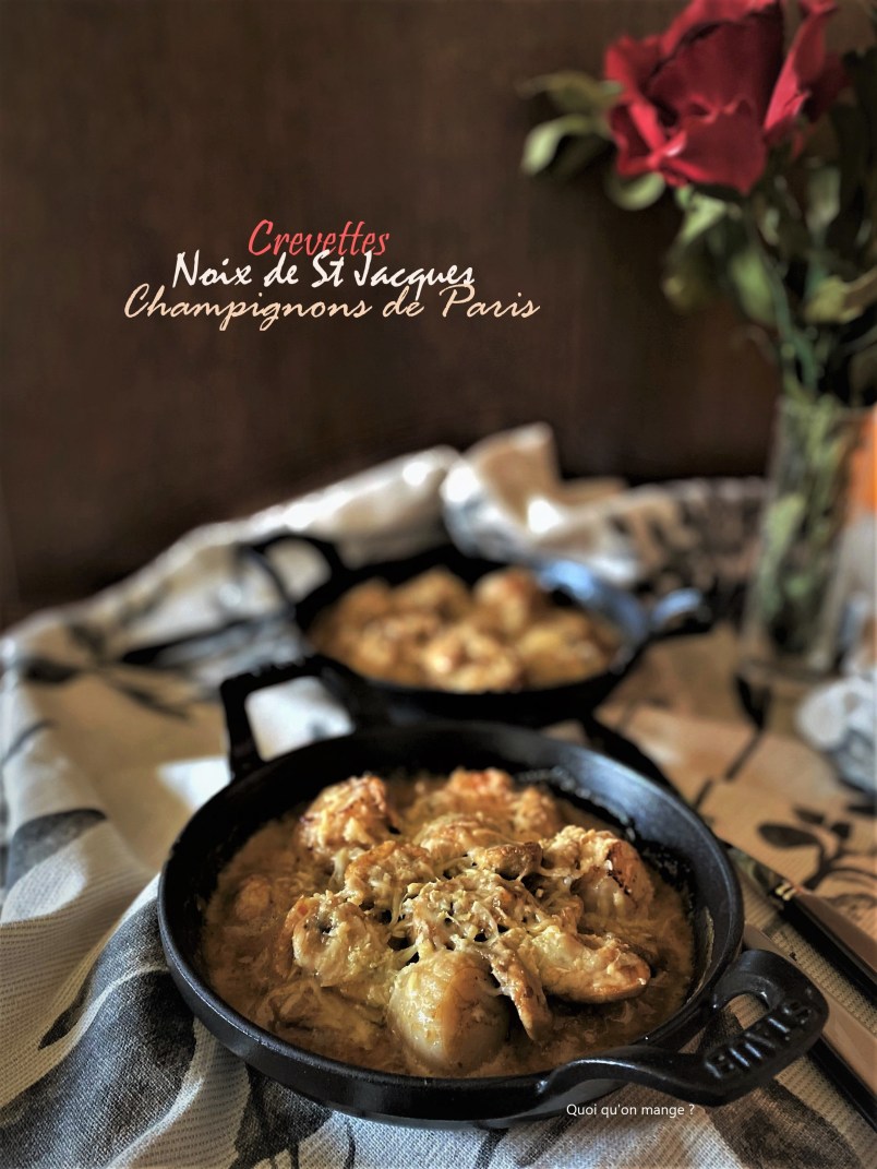 Blanquette de crevettes, noix de Saint Jacques & champignons de Paris