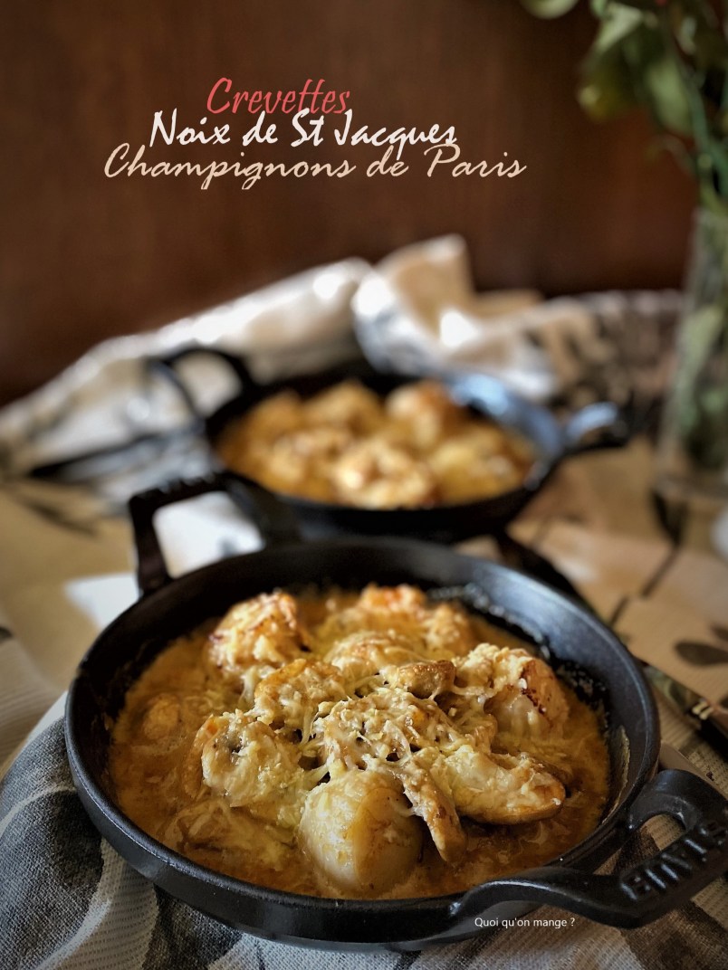 Blanquette de crevettes, noix de Saint Jacques & champignons de Paris
