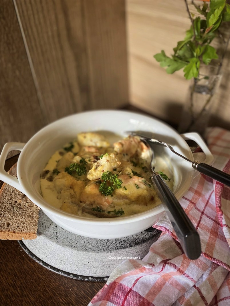 Gratin de cabillaud, saumon et champignons de Paris