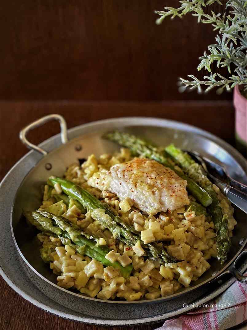 Crozets de Savoir crémeux, asperges vertes et poisson blanc