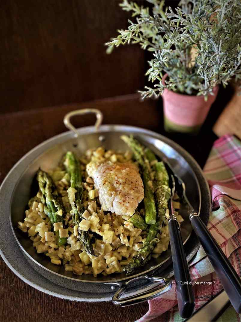 Crozets de Savoir crémeux, asperges vertes et poisson blanc