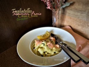 Tagliatelles au saumon Ă la crème Ă©paisse – citron confit – basilic frais