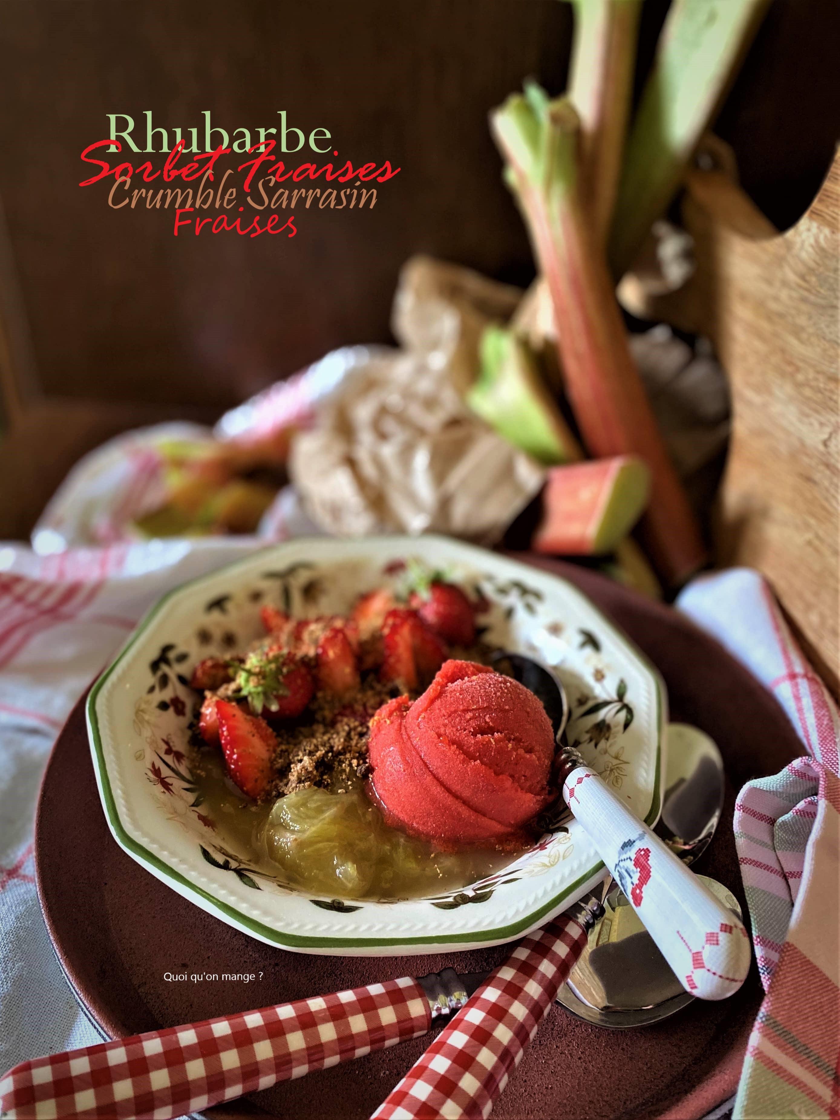Compotée de rhubarbe, sorbet de sarrasin, fraises et sorbet fraises