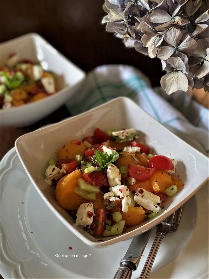 Salade de melon, concombre, tomate cerise, feta et menthe