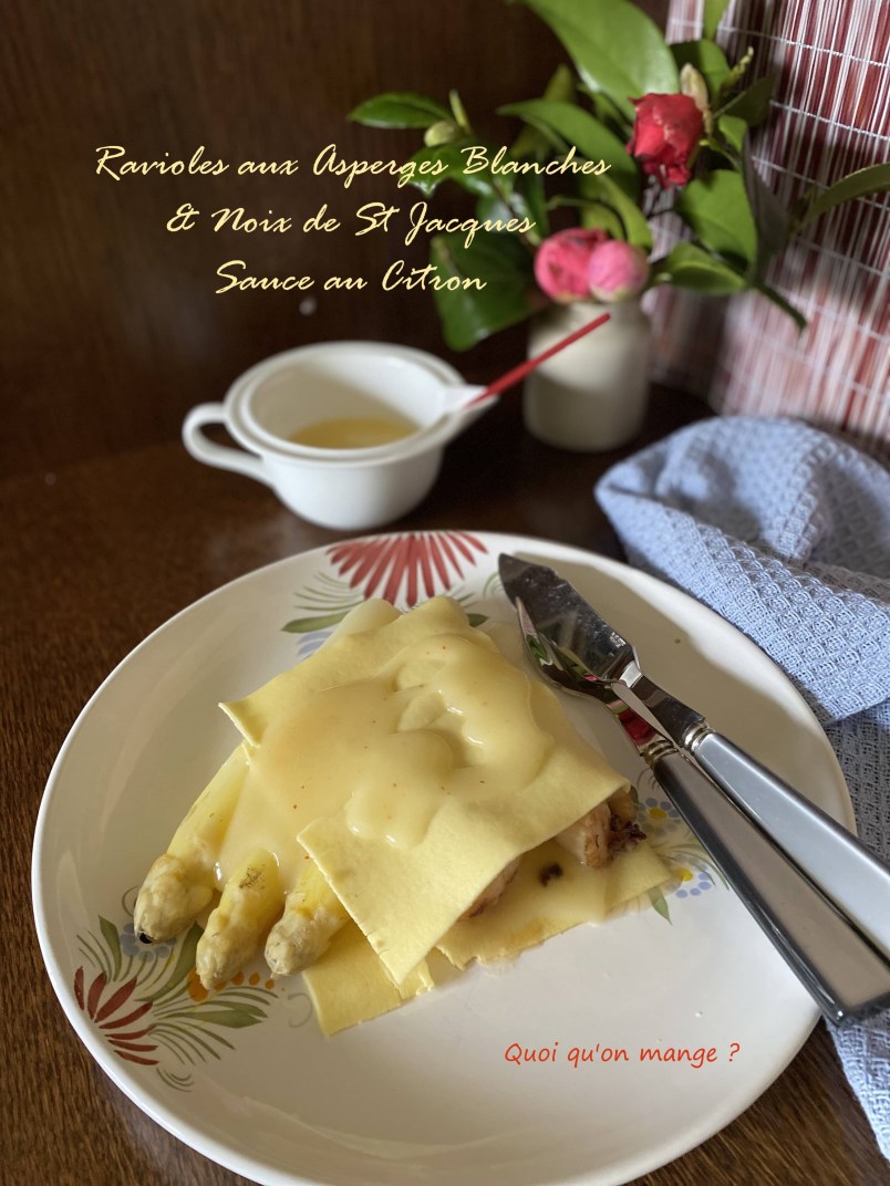 Raviole ouverte aux Asperges Blanches et Noix de St Jacques, Sauce au Citron