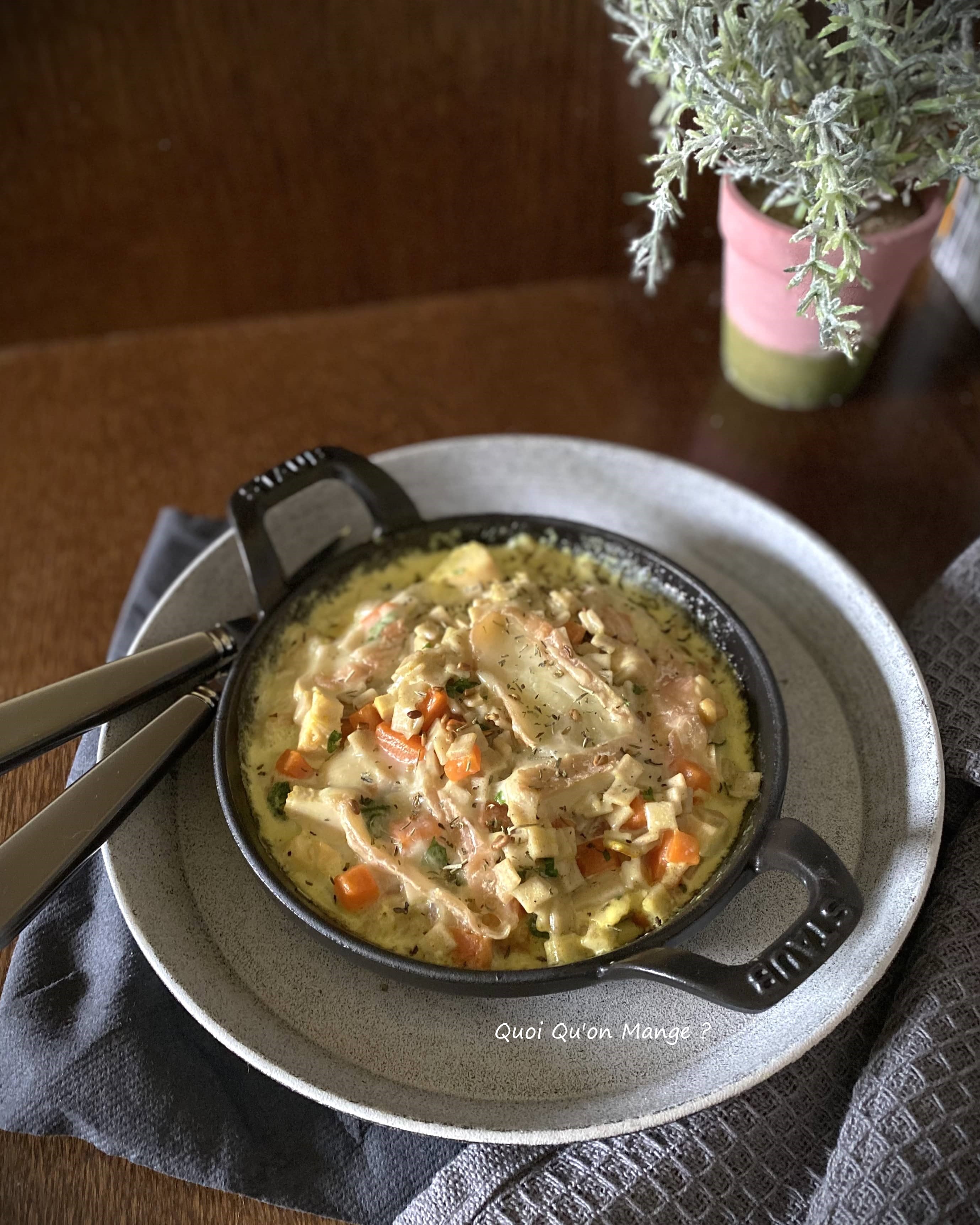 Gratin de Crozets aux carottes, sauce fromagère