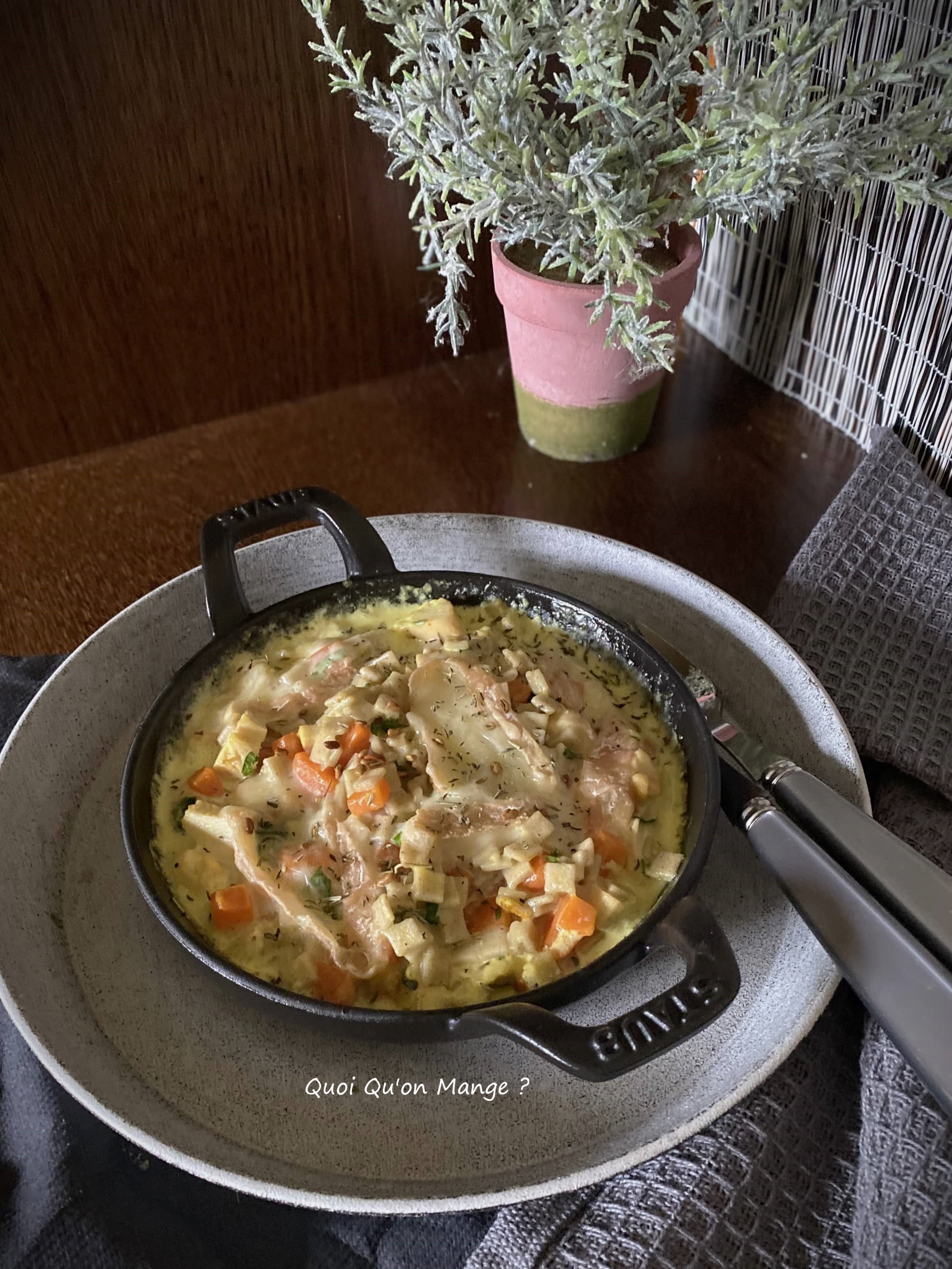 Gratin de Crozets aux carottes, sauce fromagère