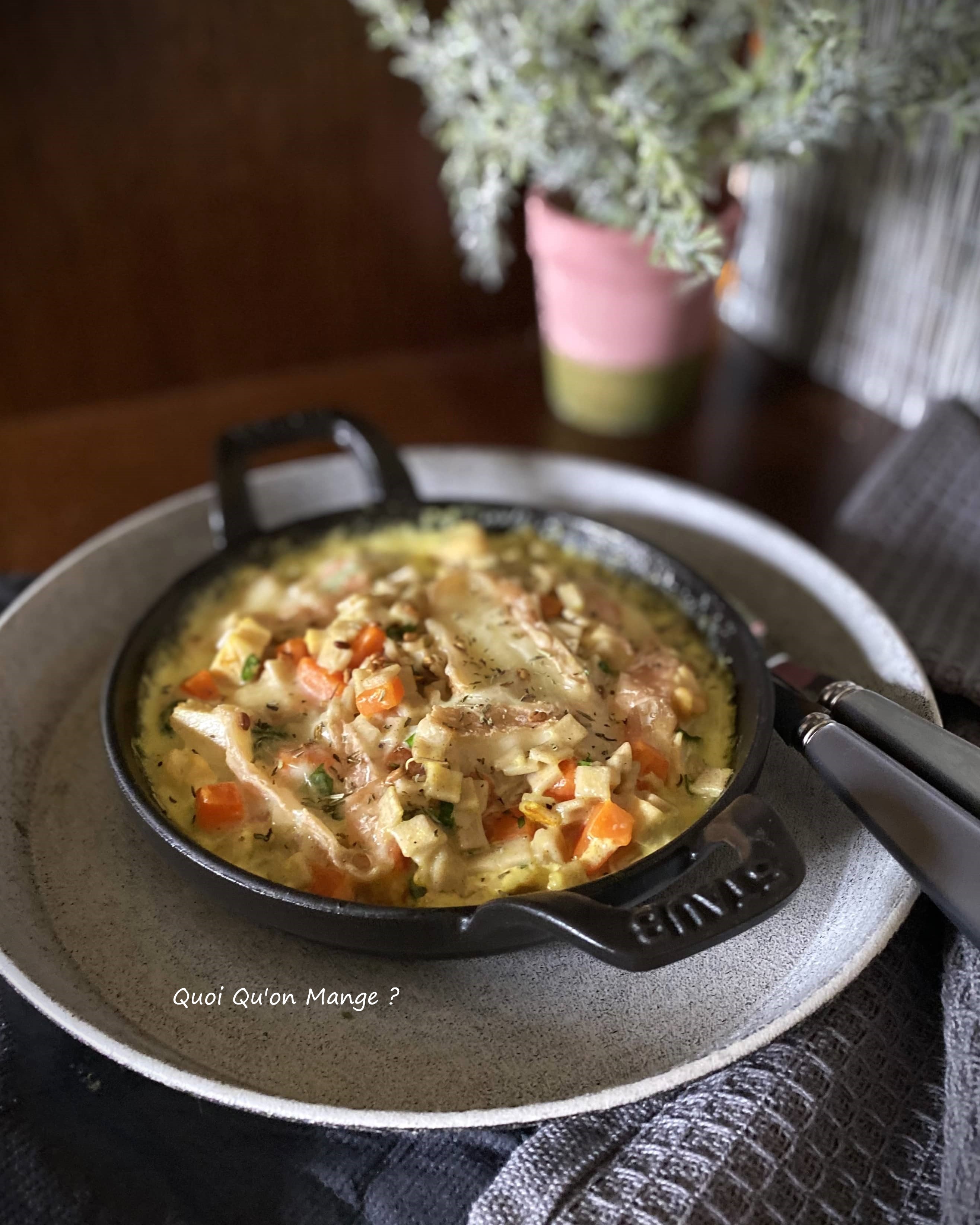 Gratin de Crozets aux carottes, sauce fromagère