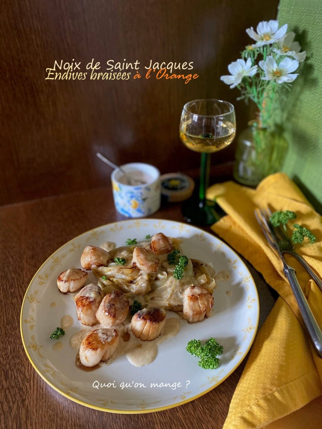 Noix de Saint Jacques poêlées – Endives braisées à l’orange