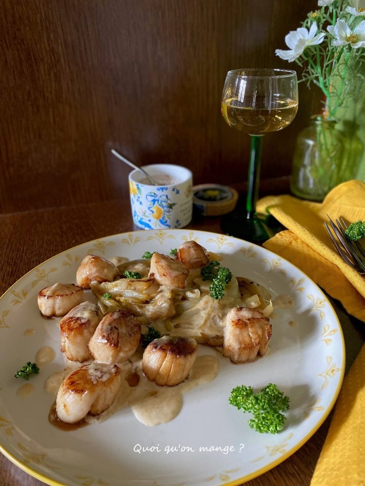 Noix de Saint Jacques poêlées, Endives braisées à l'Orange