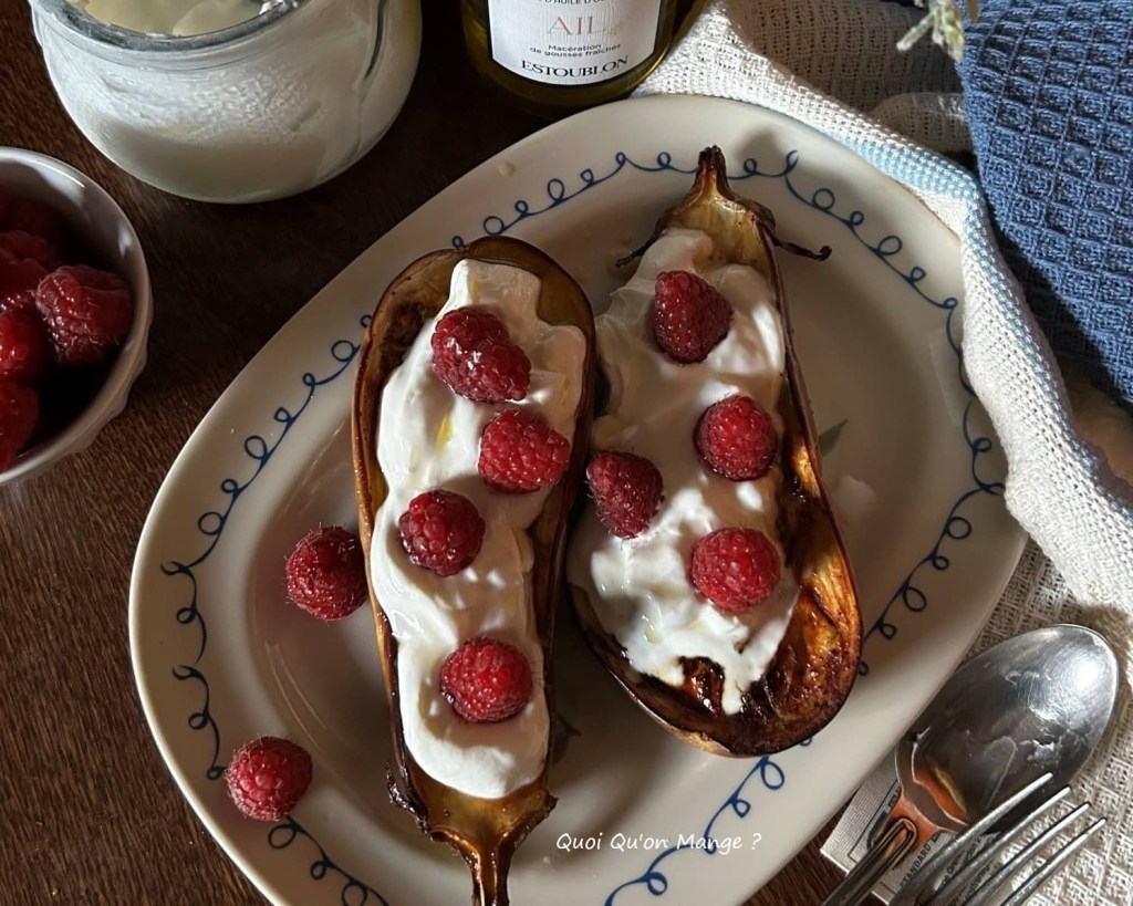 Aubergines rĂŽties au Miel et au Thym – Yaourt Grec – Framboises