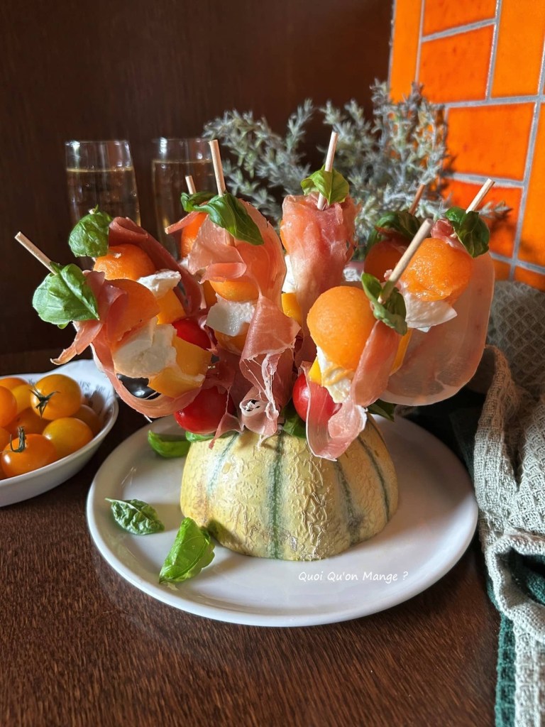 Brochettes Mangue Melon Mozza Tomate