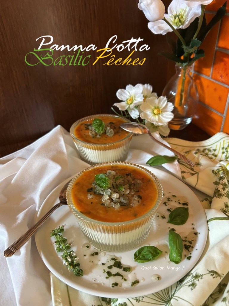 Panna Cotta au Basilic, Compotée de Pêches & Basilic, Granité de Basilic