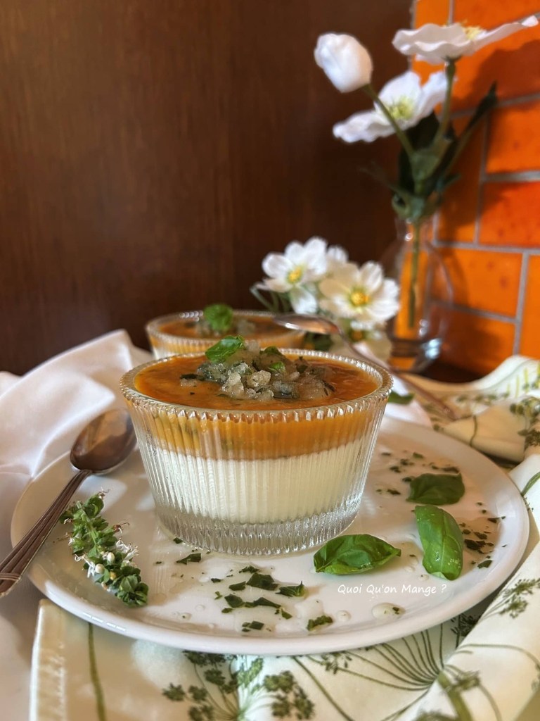 Panna Cotta au Basilic, Compotée de Pêches & Basilic, Granité de Basilic