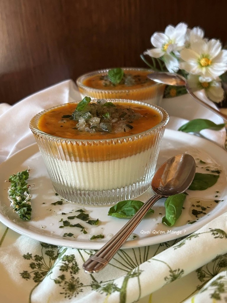 Panna Cotta au Basilic, Compotée de Pêches & Basilic, Granité de Basilic